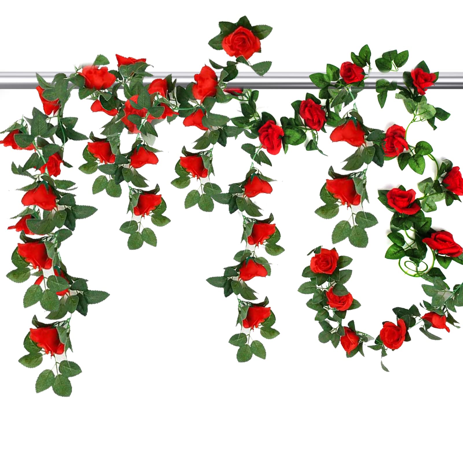 2 Pack 7.2FT Artificial Rose Garland, Artificial Flower Vine Hanging Rose Garlands for Outdoor Indoor Wedding Wall Badroom Decoration (Red)