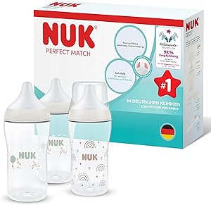 NUK Perfect Match Babyflaschen | 3+ Monate | 260 ml | Anti-Kolik-Babyflasche | PP | Temperature Control Anzeige | Regenbogen/Schaf | 3 Stück