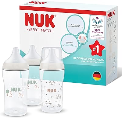 NUK Perfect Match Babyflaschen | 3+ Monate | 260 ml | Anti-Kolik-Babyflasche | PP | Temperature Control Anzeige | Regenbogen/Schaf | 3 Stück