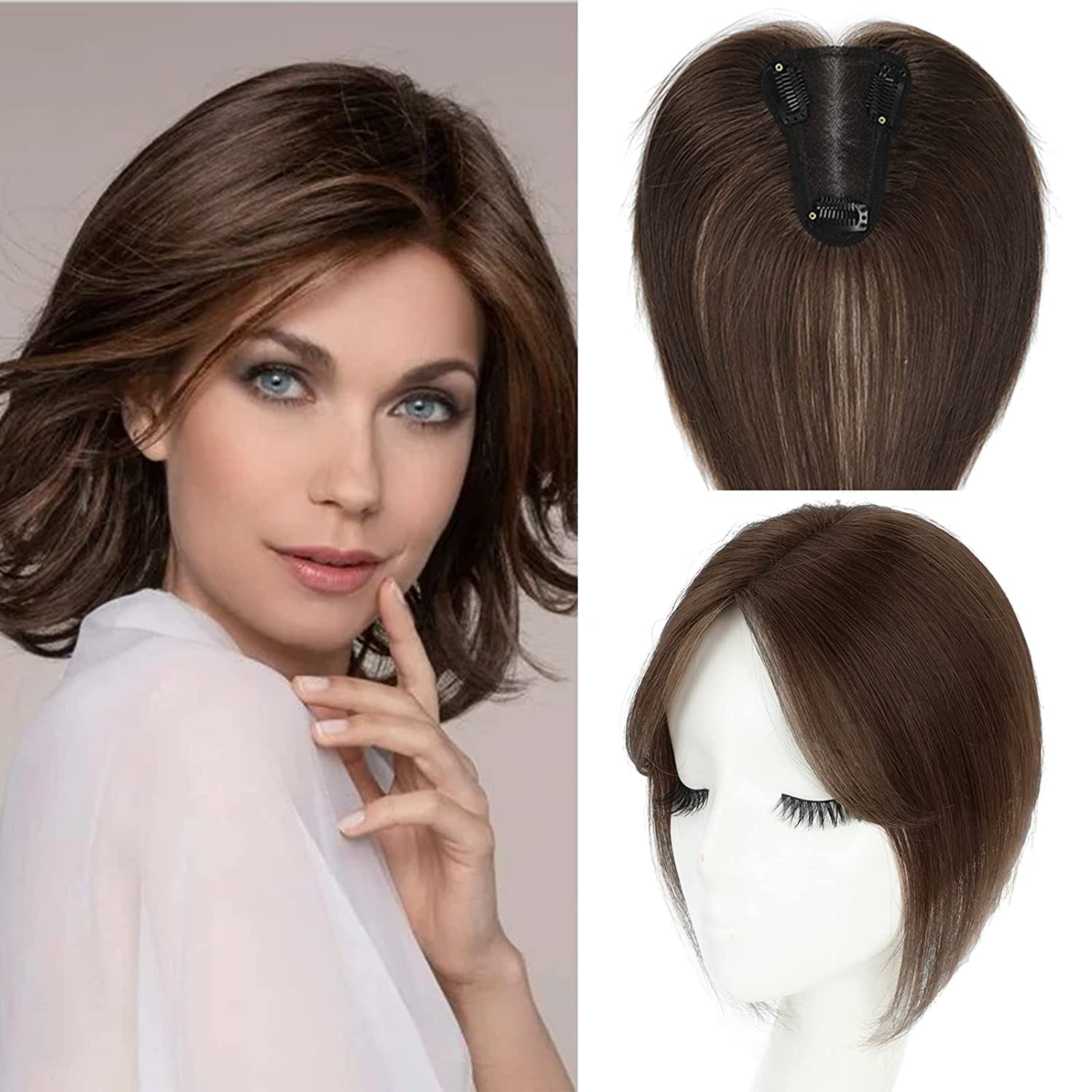 Hair Toppers for Women Hairpieces for Women Topper Adding Extra Hairvolume Swiss Base Clip in Hair Extensions 10inch (Medium Brown) — image 1