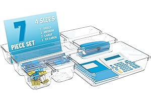 SUOXING 7 Pack Clear Plastic Drawer Organizer Set,4 Sizes Bathroom Drawer Organizers and Storage Bins,Vanity Drawer Organizer for Makeup,Cosmetics,Jewelry,Utensils,Gadgets,Office In Drawer Organizers Trays