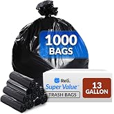 Reli. 13 Gallon Trash Bags | 1000 Bags | Black | Tall Kitchen | Strong Garbage Bags | Home, Office, Commercial
