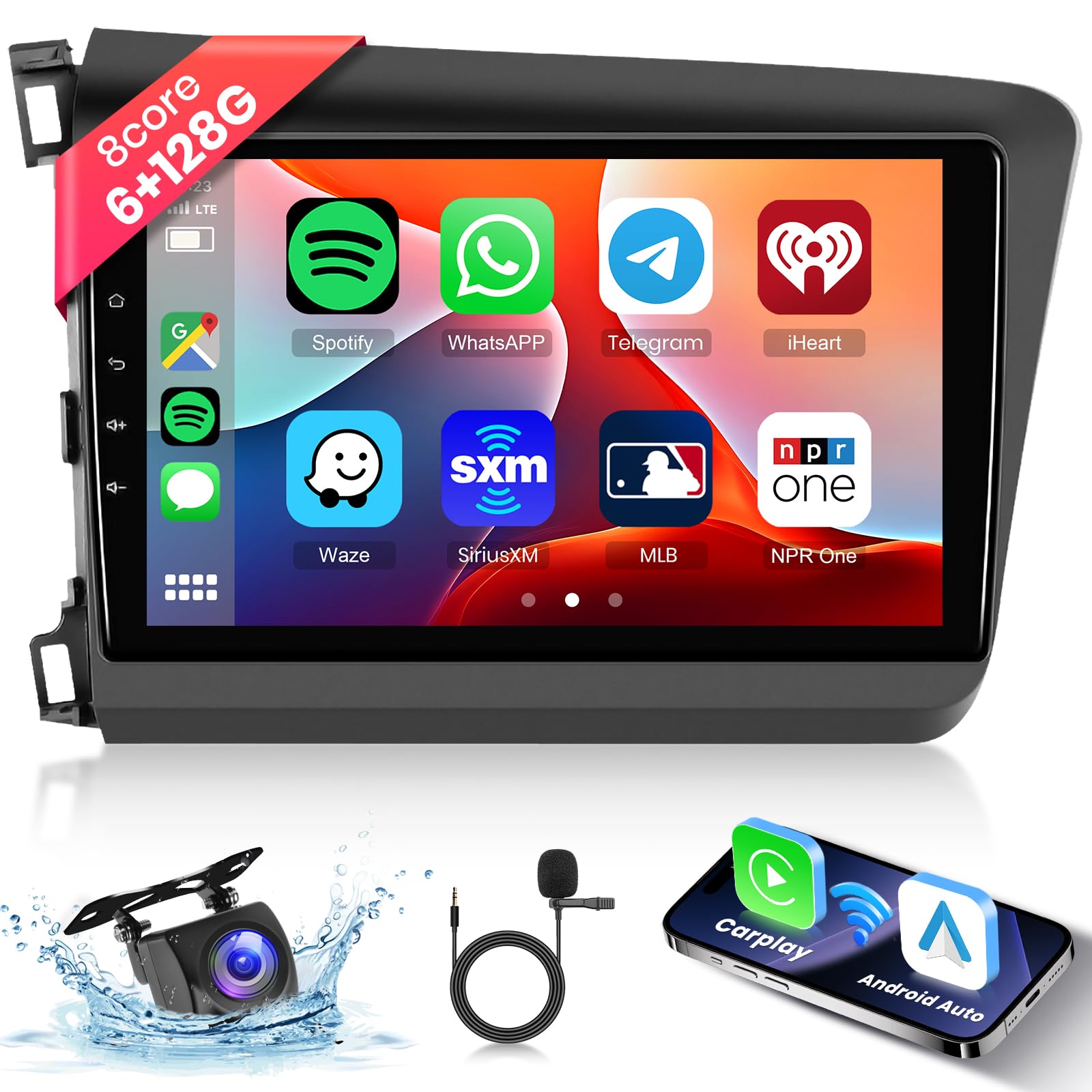 Photo 1 of [6G+128G] 8 Core Android Car Radio for Honda Civic 2012 2013 2014 2015 Wireless Carplay Car Stereo with Android Auto, Hodozzy 9 Inch Touch Screen Radio with Bluetooth, GPS, WiFi USB, DSP, FM RDS Radio