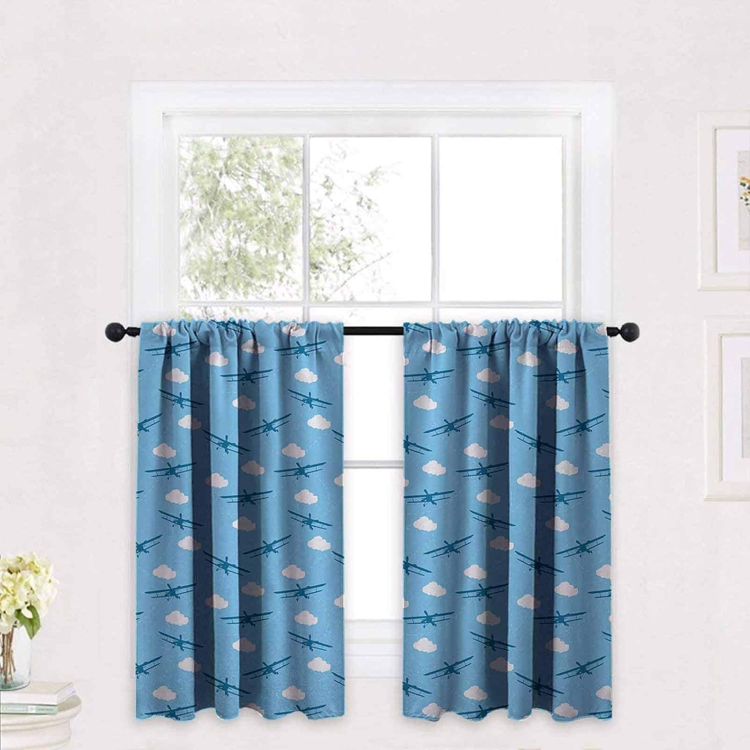 Airplane Short Curtain Blue Biplanes Flying Among Puffy