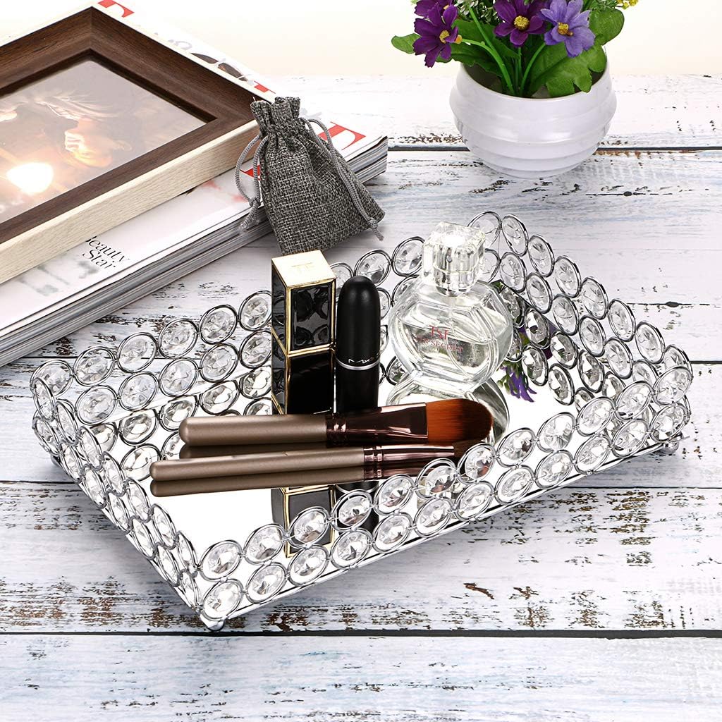 Hipiwe Crystal Cosmetic Makeup Tray - Mirrored Vanity Jewelry Decorative Tray Organizer for Storage Perfume, Toiletries,Trinket, Home Decor Tray for Dresser/Vanity Table, Bathroom: Home & Kitchen