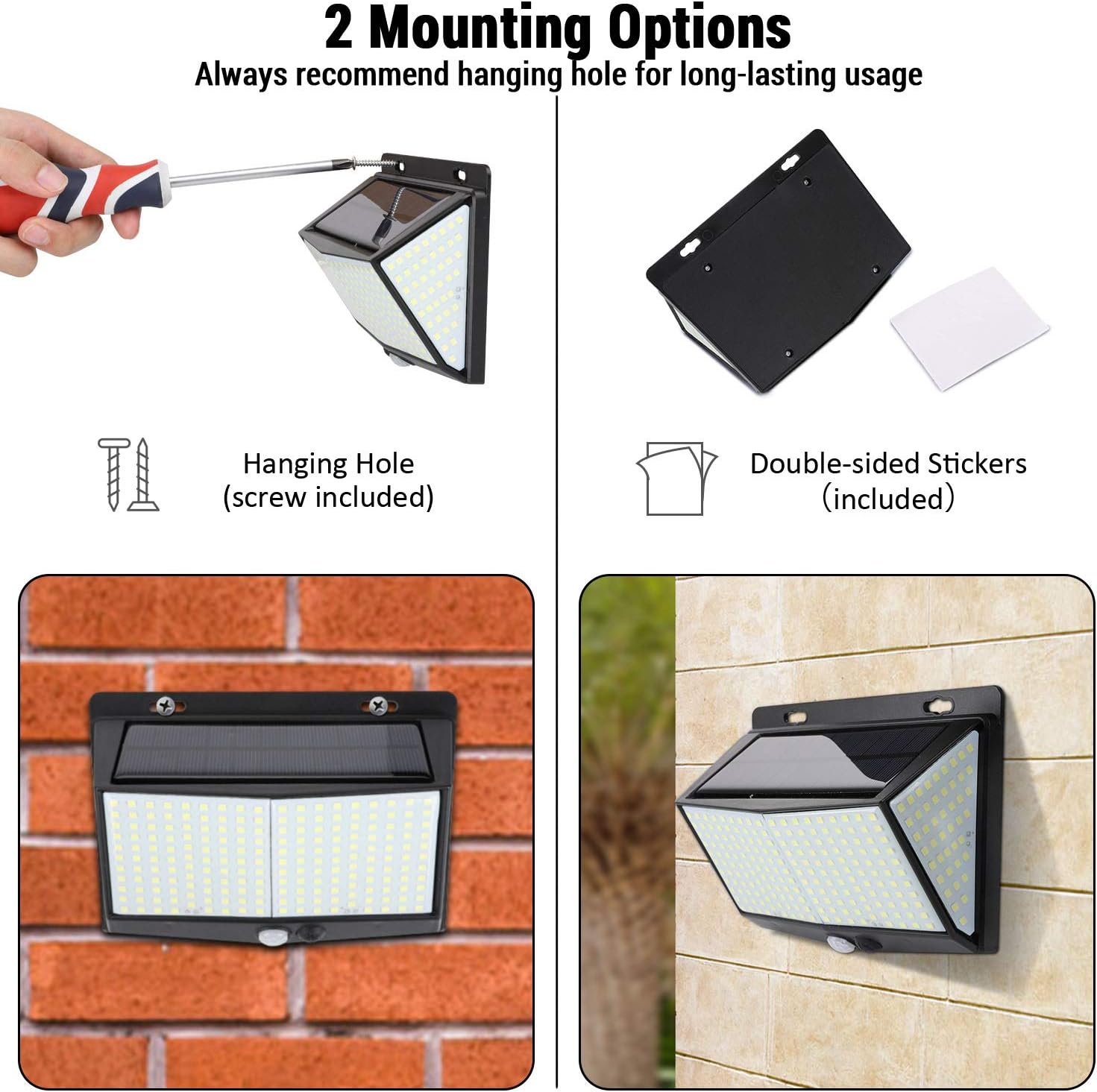 Solar Lights Outdoor 288 LED, Solar Powered Motion Sensor Security Light Outdoor with 300° Lighting Angle IP65 Waterproof Hanging Solar Light for Pathway Garden Fence Walkway (2 Pack/ 3 Modes) - - 