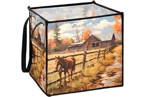 FOLIOSA Horses Farm Print Storage Basket Cube Organizer Collapsible with Handles Sturdy Fabric Size Small