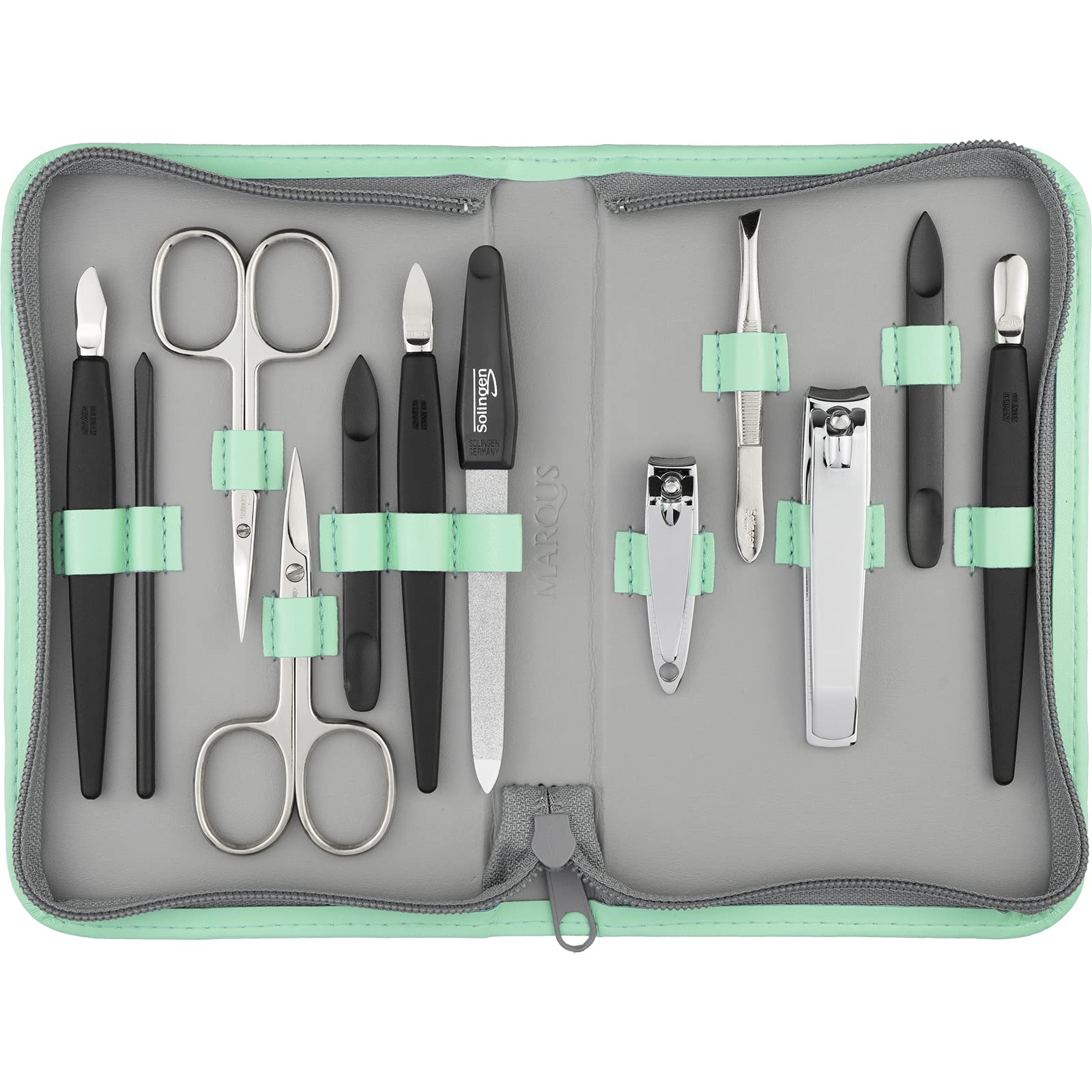 Solingen Manicure Set for Women and Men - 12 pcs kit - made in Germany incl. nailclippers & pedicure tools - Fashion leather case ideal for travelling, mint