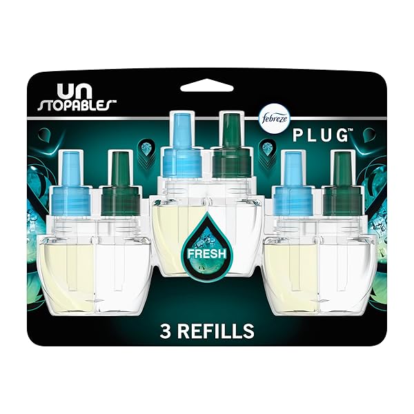 FEBREZE PLUG-IN AIR FRESHENER, ODOR-FIGHTING SCENTED OIL REFILL, AIR FRESHENERS FOR HOME, BATHROOM AND KITCHEN, LONG LASTING, UNSTOPABLES FRESH SCENT, 0.87OZ REFILLS, MULTI COLOR, 3 COUNT