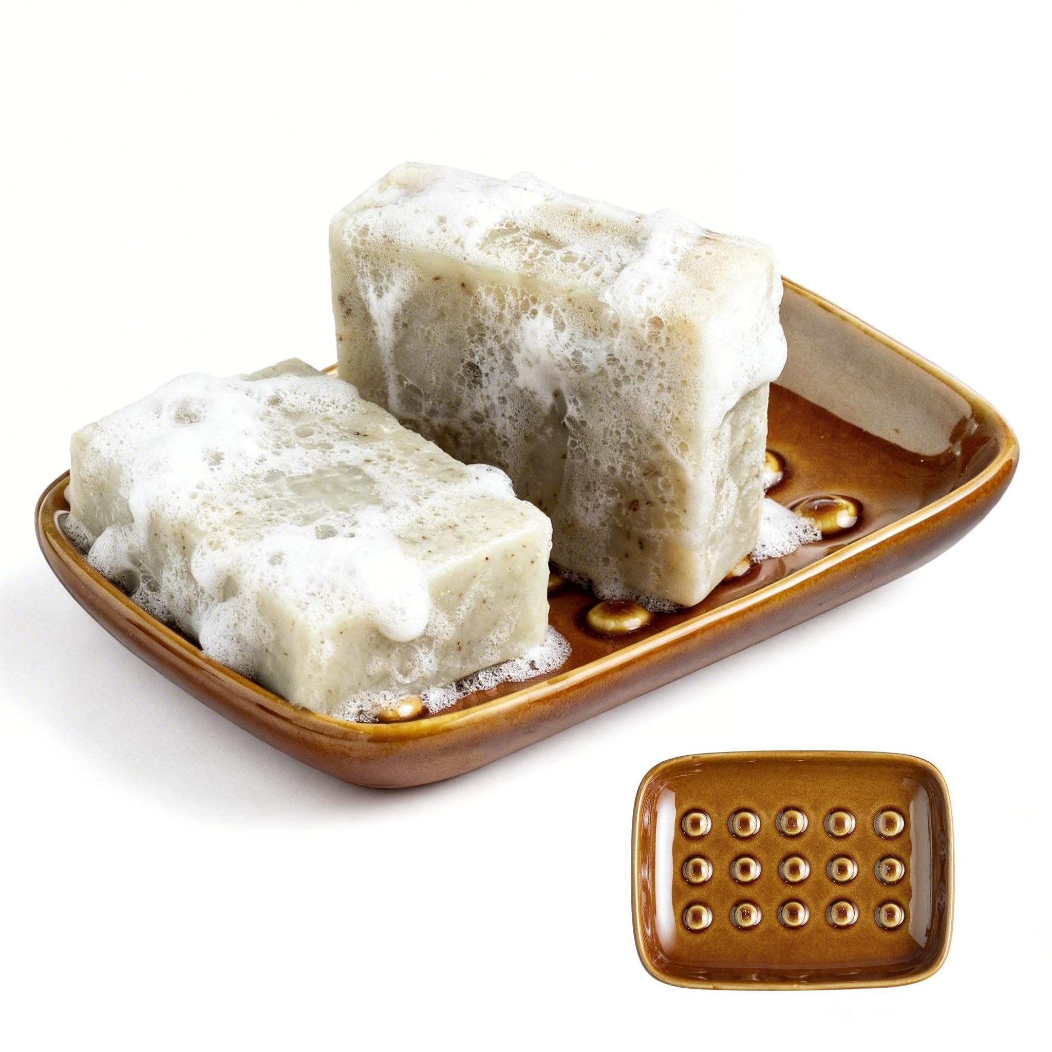 Miamolo Soap Dish for Shower, Ceramic Soap Dish for Bar Soap Sponge, Soap Holder Saver Tray for Bath Kitchen Sink Bathtub, Farmhouse Decor, Raised Pattern - Keep Soap Dry, Dark Brown