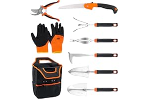 URASISTO Garden Tool Sets with Organizer, 9 Piece Stainless Steel Heavy Duty Gardening Tool Kit Including Hand Saw, Hand Trowel, Hand Rake, Transplanter, Weeder, Crack Weeder, Pruner, Gloves, Storage Bag
