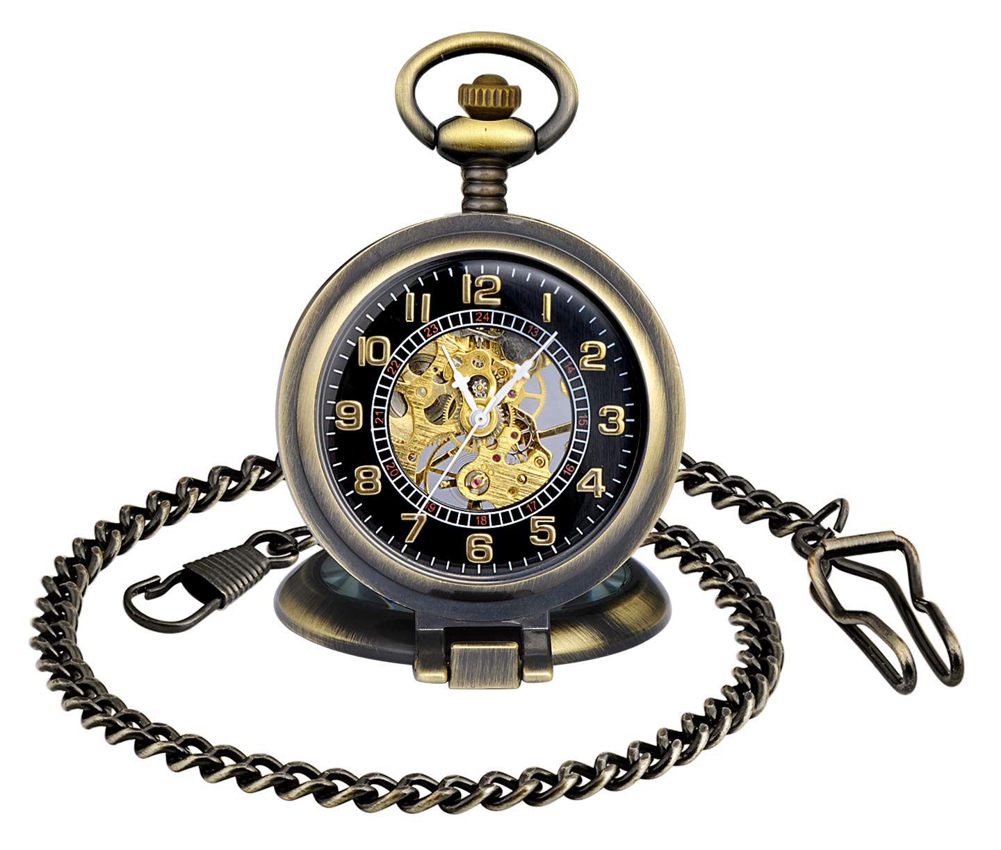 MICGIGI-Unisex Pocket Watch Mechanical Hand-Wind Muti-Functional Magnifier Pocket Fob Watches with Chain