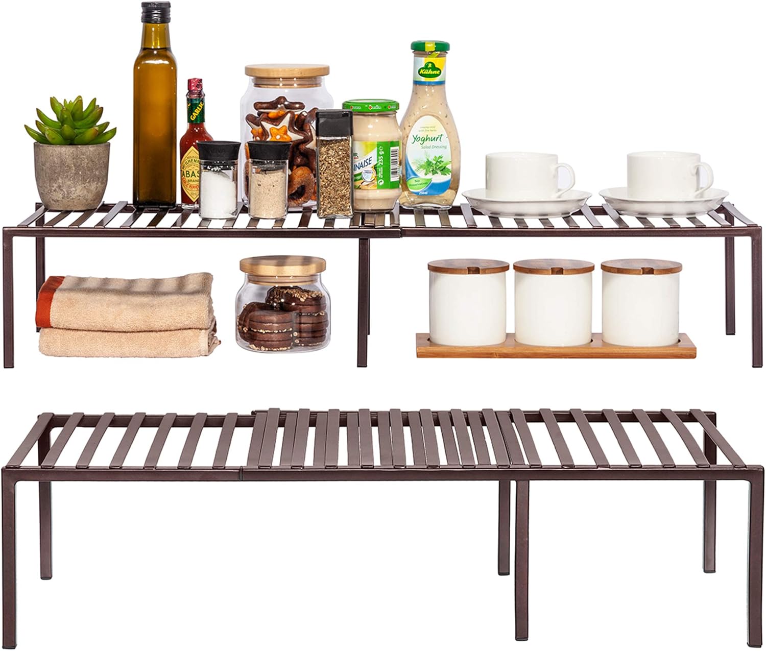 Amazon Com Storage Maniac 2 Pack Expandable Kitchen Counter And Cabinet Shelf Storage Rack Organizer For Kitchen Cabinet Bathroom Bronze