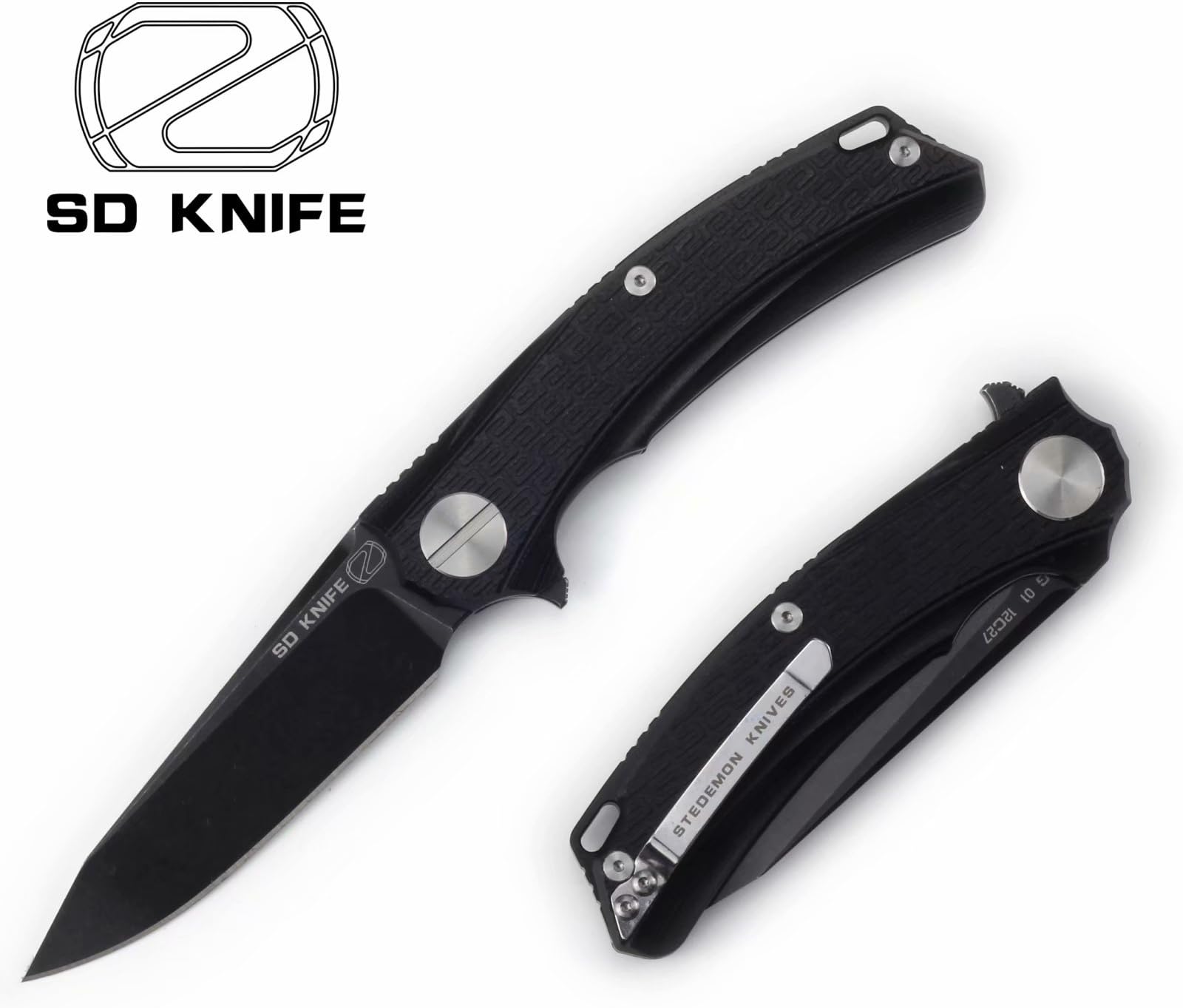 Stedemon Pocket Knife - Folding Outdoor Tactical Knives - G10 Black iHandle - Folder - Flipper -Swenden Sandvik 14C27N HC Stainless Steel - Smokywash Blade Finish - BG0105-3.375"
