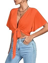 LYANER Women's Deep V Neck Tie Front Knot Wrap