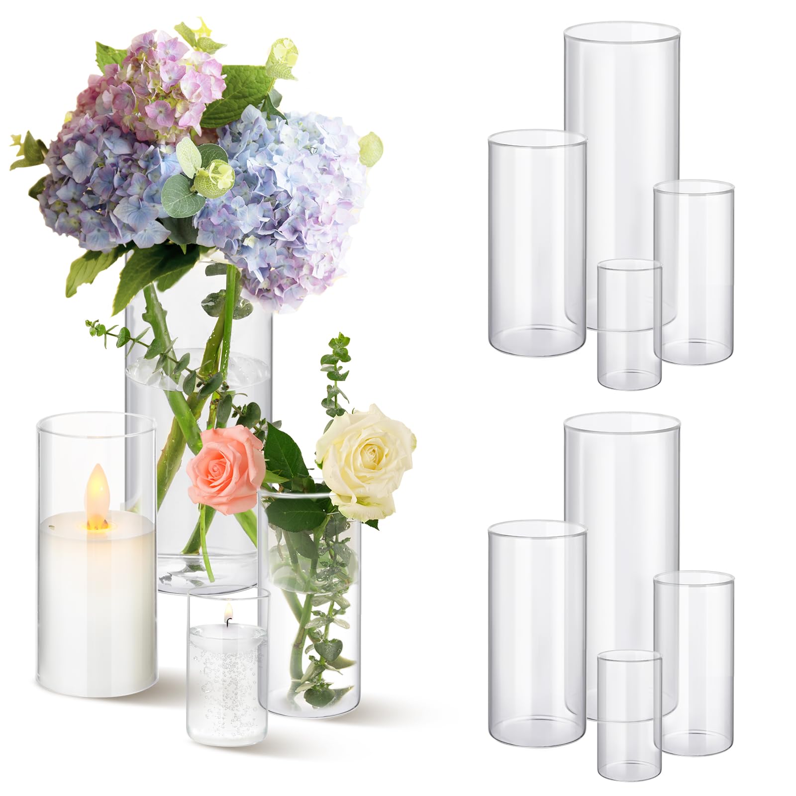 Photo 1 of 12pcs Clear Glass Cylinder Vases, 4, 6, 7.5, 10 Inch Tall Cylinder Vases for Centerpieces,Glass Flower Vase Hurricane Floating Candle Holder Vase for Table Shelf, Wedding, Party,Home & Office Decor