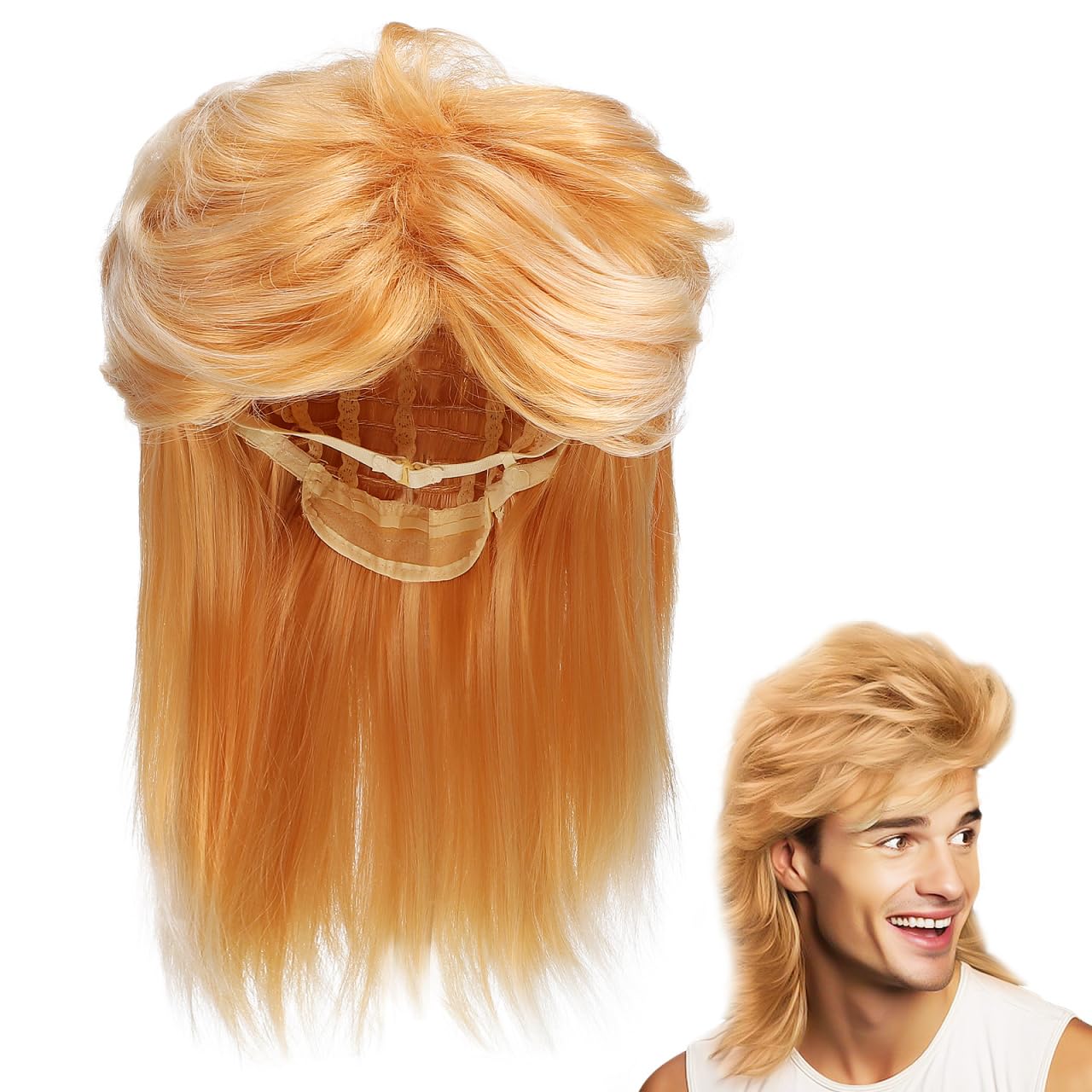 OATIPHO Mens Mullet Wigs, 80s Men's Blonde Mullet Mens Men Long Fancy Party Cosplay Costumes Synthetic Wig Punk Rocker Halloween Costume Fancy Dress Up