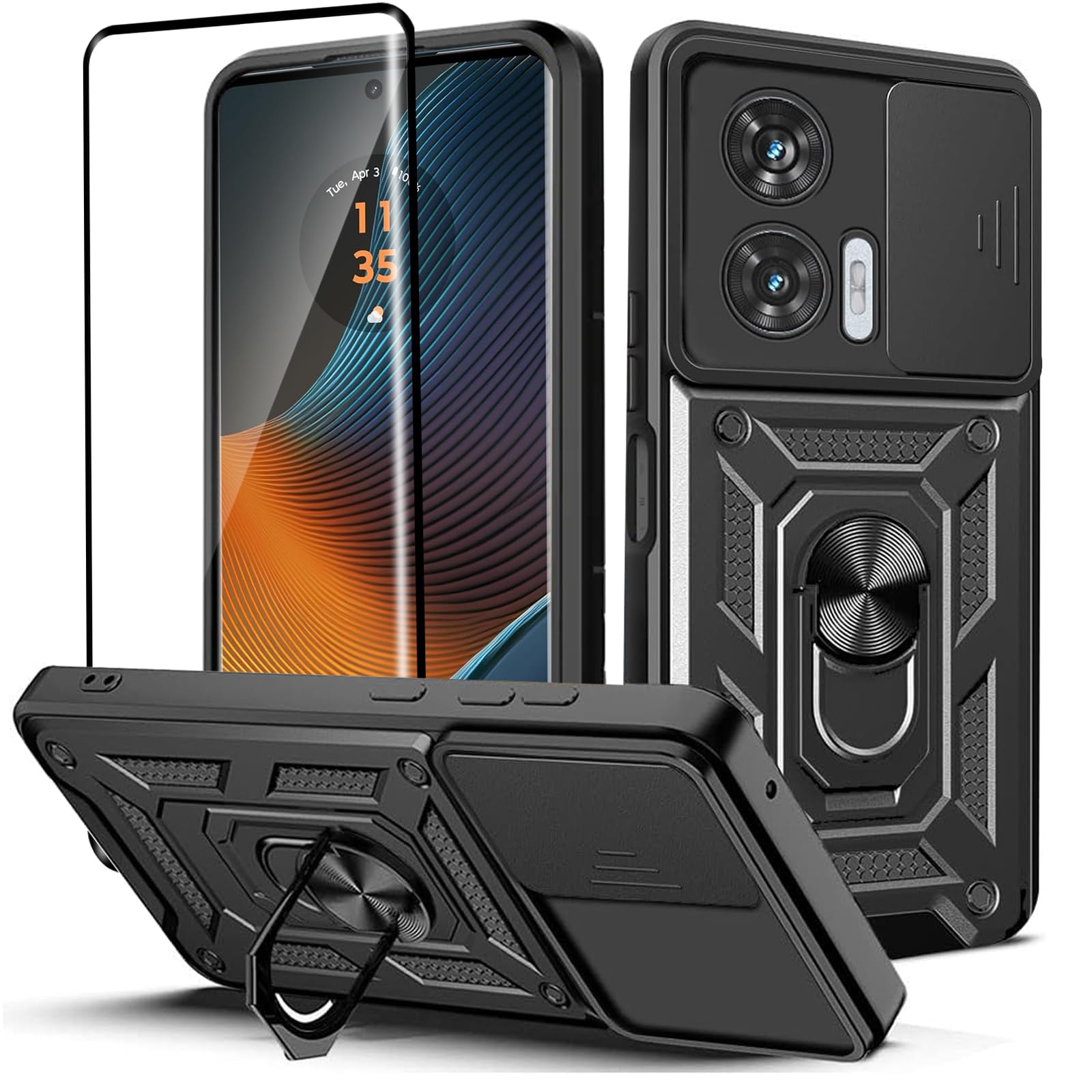 KZIOACSH Case for Motorola Edge 50 Fusion 5G, [360 Rotaring Kickstand][Slide Camera Cover] Shockproof Hybrid Soft TPU+Hard PC Case Military Grade Anti-Scratch Bumper Cover with 1 Tempered Glass,Black
