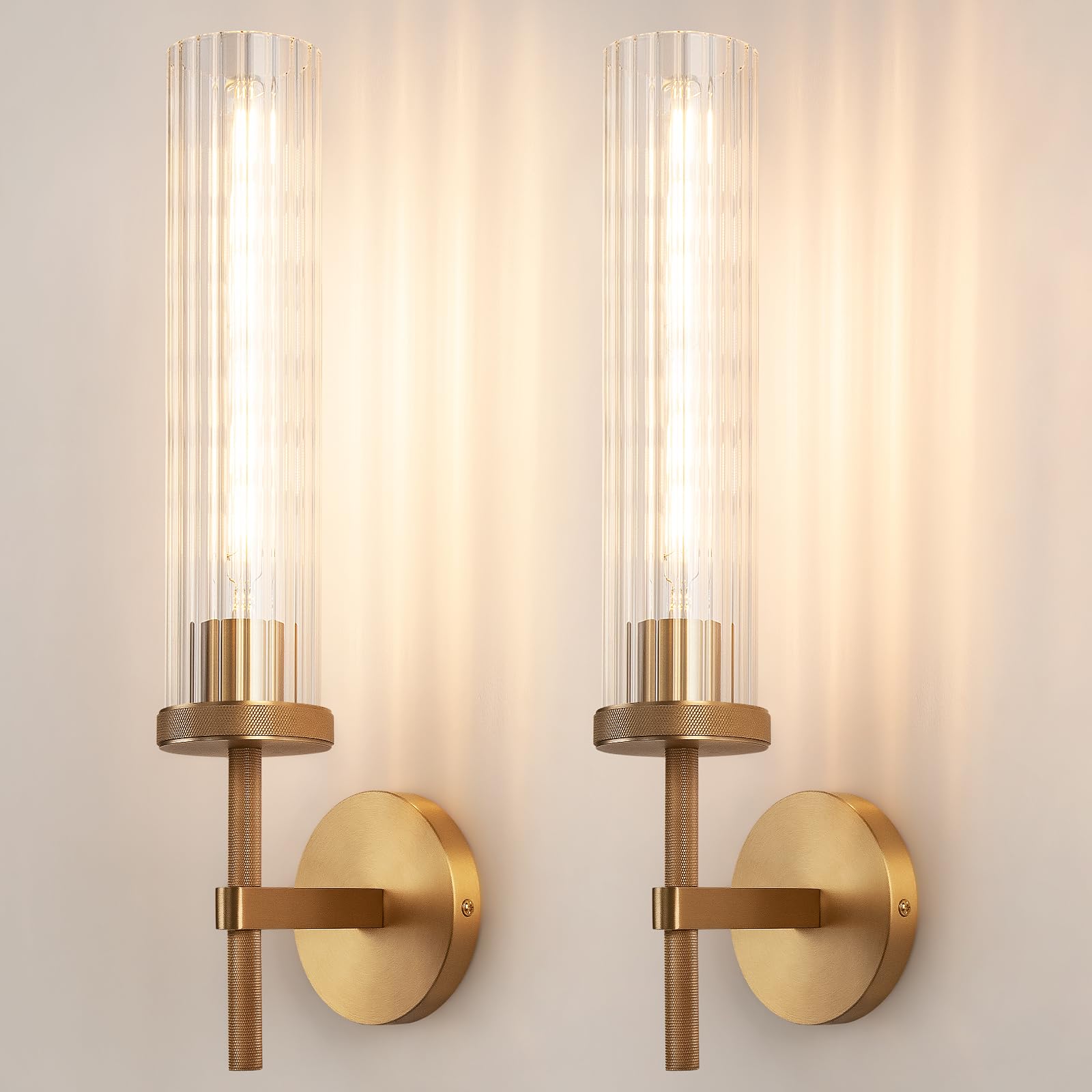 Photo 1 of 19.5" Knurled Brass Wall Sconces Set of 2, Gold Bathroom Vanity Light Fixtures with Vertical Striped Glass Tube, Modern Lamp Lighting for Bedroom, Living Room, Hallway, Staircase, Mirror, Kitchen
