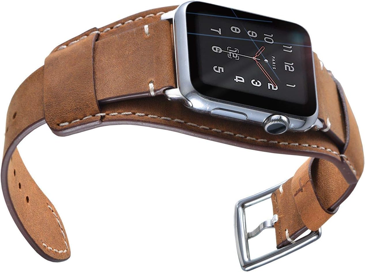 Leotop Compatible with Apple Watch Strap 42mm(Series 10) 41mm 40mm 38mm,Genuine Leather Band Cuff Bracelet with Stainless Steel Buckle Compatible iWatch Series 10/9/8/7/6/5/4/3/2/1 SE SE 2 (Brown) - Image 5