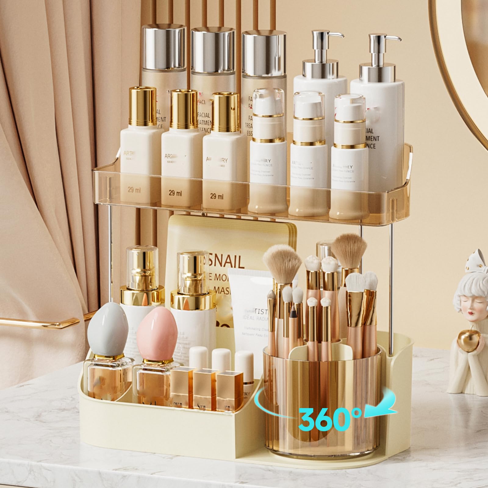 Photo 1 of Rotating Makeup Organizer Countertop for Vanity with Makeup Brush Holder, Large Capacity, Grid Design, 360° Rotatable Skincare Organizer Perfume Tray for Dresser, Bathroom, (Amber, 2T)