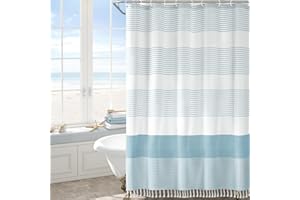 Awellife Blue Shower Curtain Beach Ocean Coastal Nautical Shower Curtain for Bathroom Stripe Tassel 72 X 72 Inches Cotton