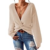 Pink Queen Women Deep V Neck Twist Front Cropped Sweater | Fashion Trendy Jumper,Long Sleeve Pullovers,Soft Cable Knit,Casual Loose Fit,Fall Winter Date Night Clothes 2026