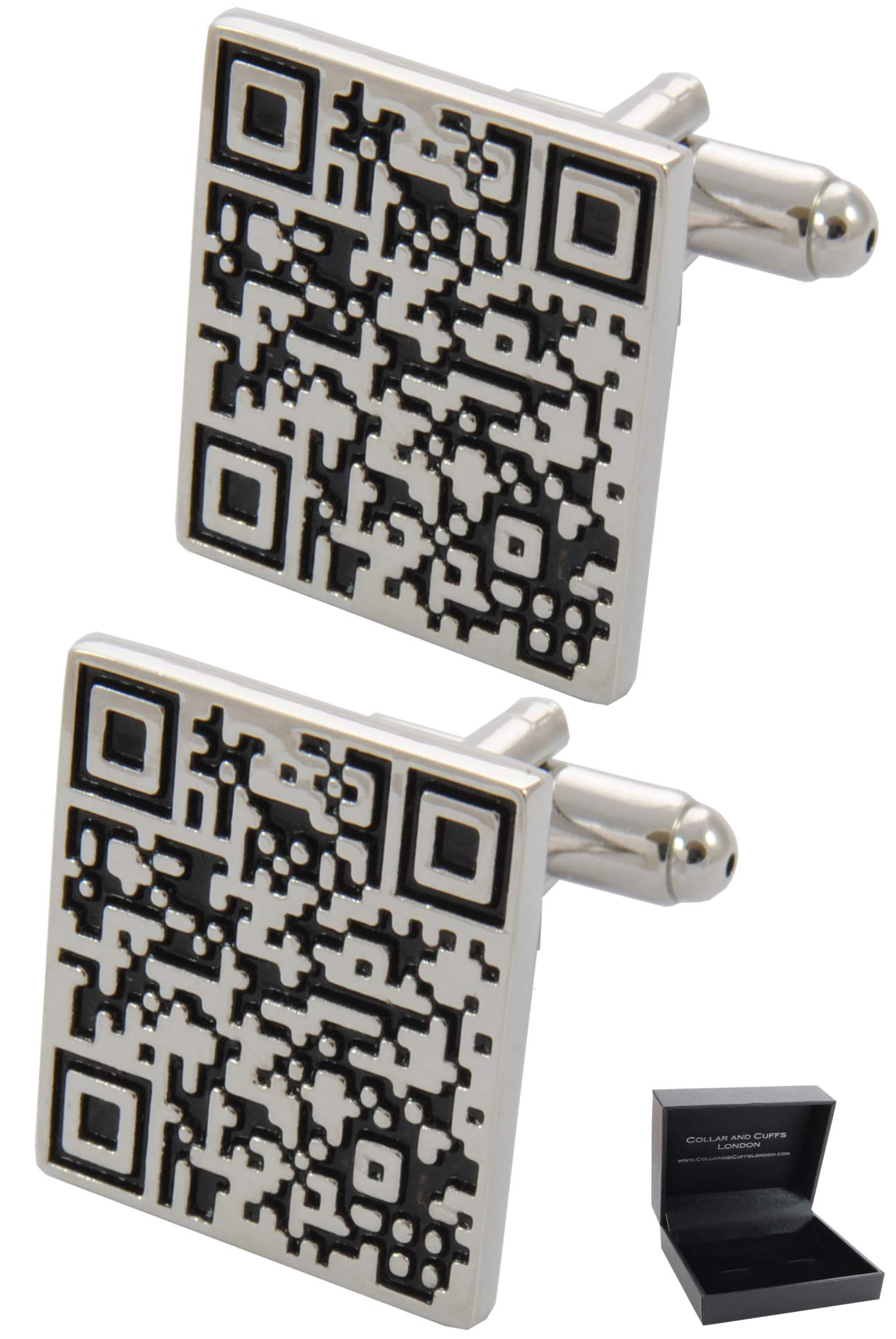 Cufflinks for Men + Presentation Box - Silver and Black Colours - QR Code - Barcode Scan App Shopping Square - One Pair