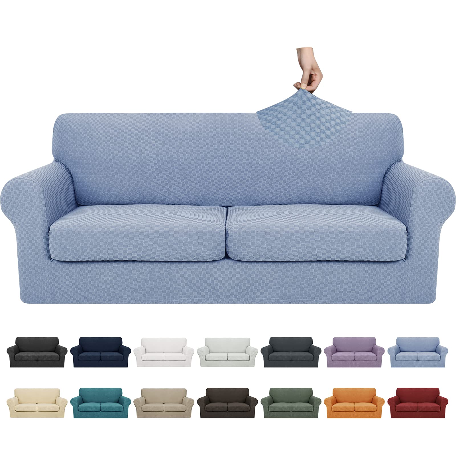 Photo 1 of YEMYHOM Latest Checkered 3 Pieces Couch Covers for 2 Cushion Couch High Stretch Sofa Cover with 2 Extra Large Seat Cushion Covers Anti Slip Elastic Slipcovers (Light Blue), 71"-91"(2 Cushions)