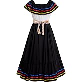 Womens Cinco De Mayo Fiesta Mexican Traditional Folk Ruffle Drape Dress with Belt