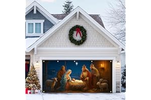 HOMETITUTE Nativity Scene Garage Door Banner 13x6ft Baby Jesus Backdrop with light Animals Stable Religious Christmas Yard Decor for Outdoor Wall Mural Holiday Display
