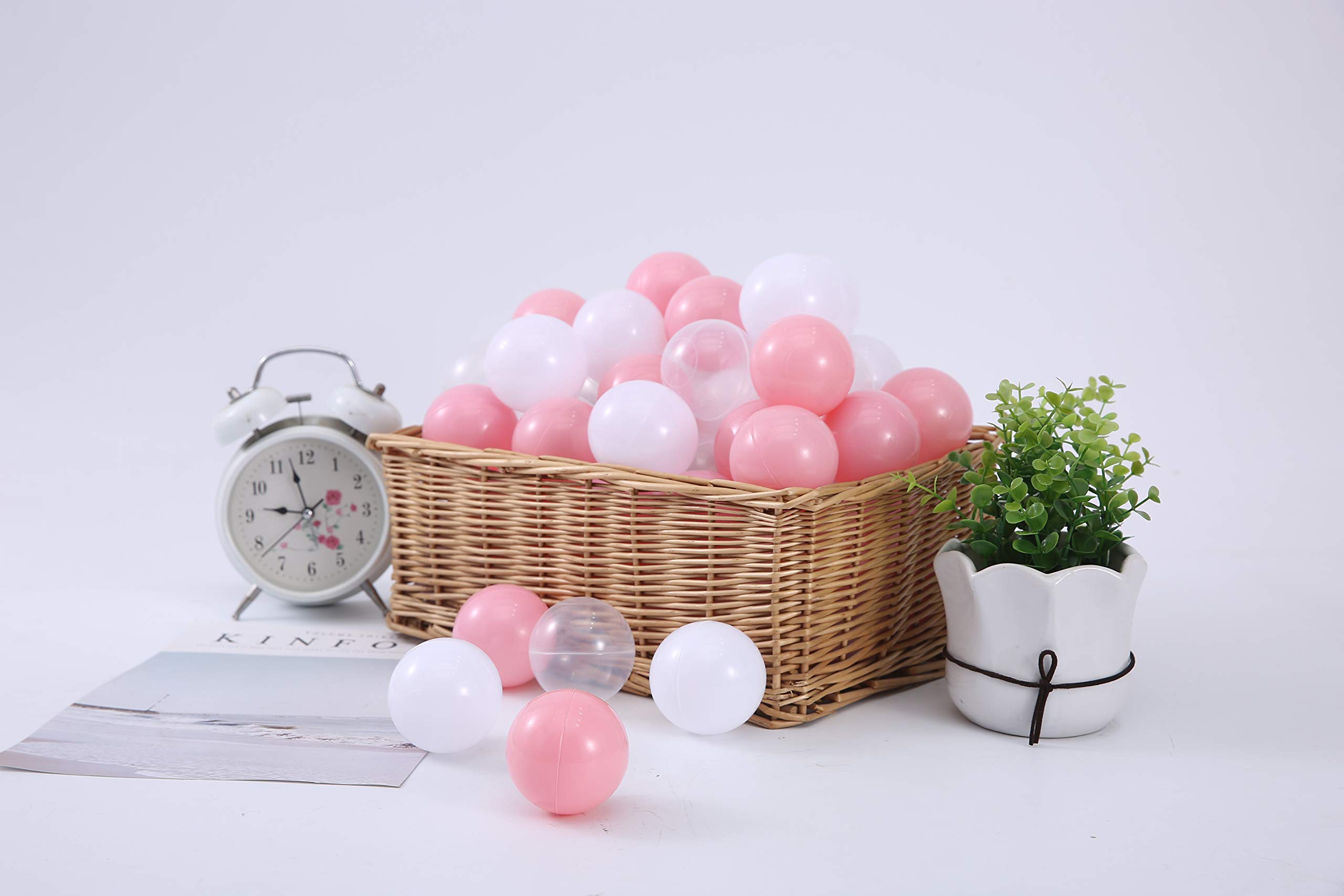 Thenese Ball Pit Balls for Kids, Pool Toys Thicken Soft Plastic Balls for Ball Pit BPA Free Toddler Toy White Clear and Pink 100pcs