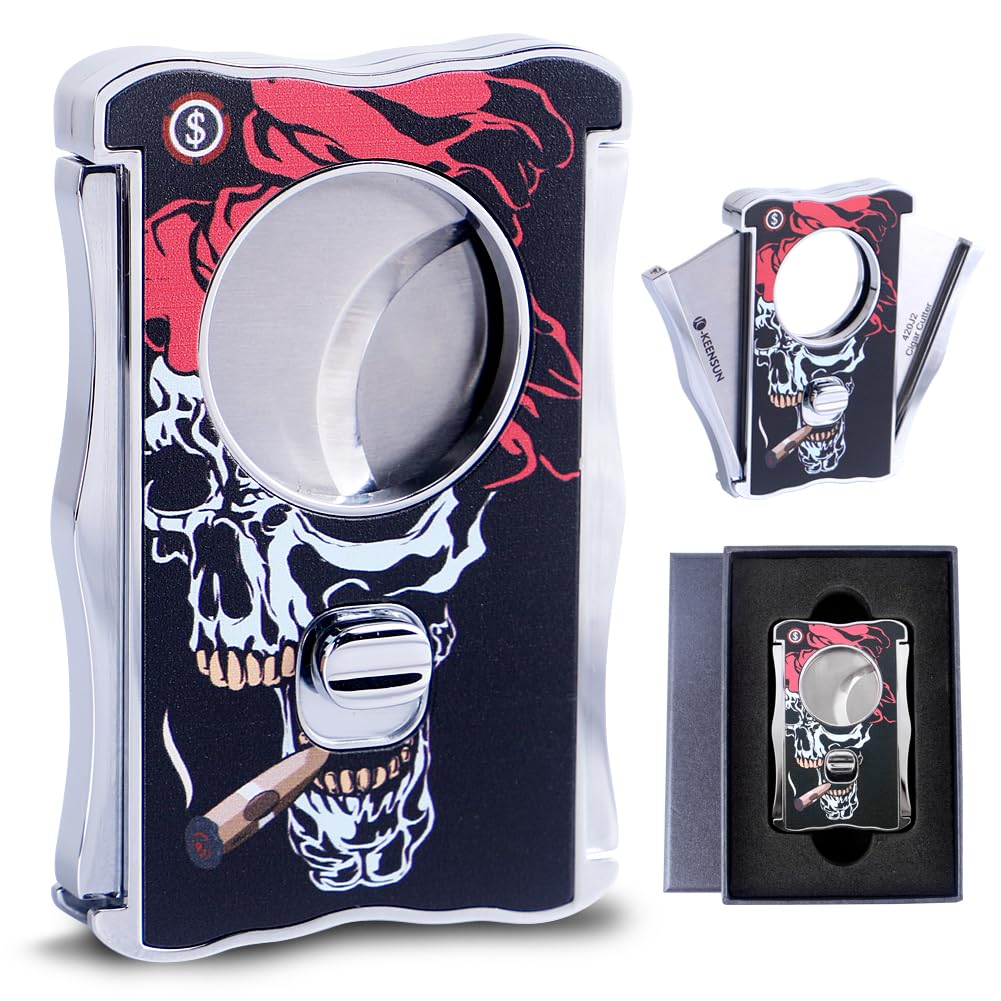 KEENSUN-Zinc Alloy Guillotine Stainless Steel Double Blade Skull-Patterned Cigar Cutter with One Push Lock System,60 Ring Gauge,420J2 Stainless Steel Scalloped Cutting Blade with Gift Box