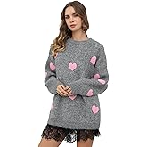 CHICWISH Women Fuzzy Hearts Knit Sweater Long Sleeve Round Neck Valentine's Day Party Loose Soft Pullover Sweater Top