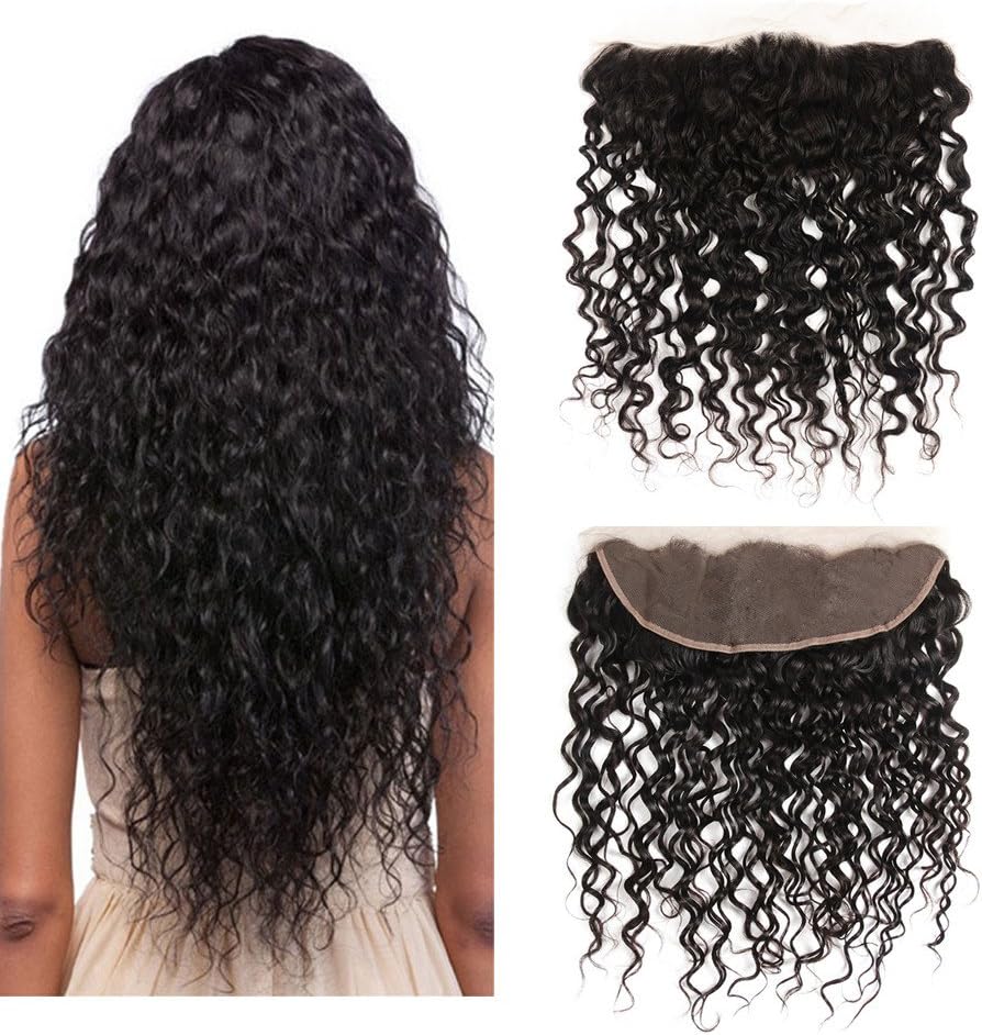 Friskylov 10Inch Water Wave Frontal Human Hair Lace Closure 13x4 Per Plucked Brazilian Wet and Wavy Frontal Only Closure Ear To Ear Free Part With Baby Hair 8A Grade Humna Hair Frontal Natural Color