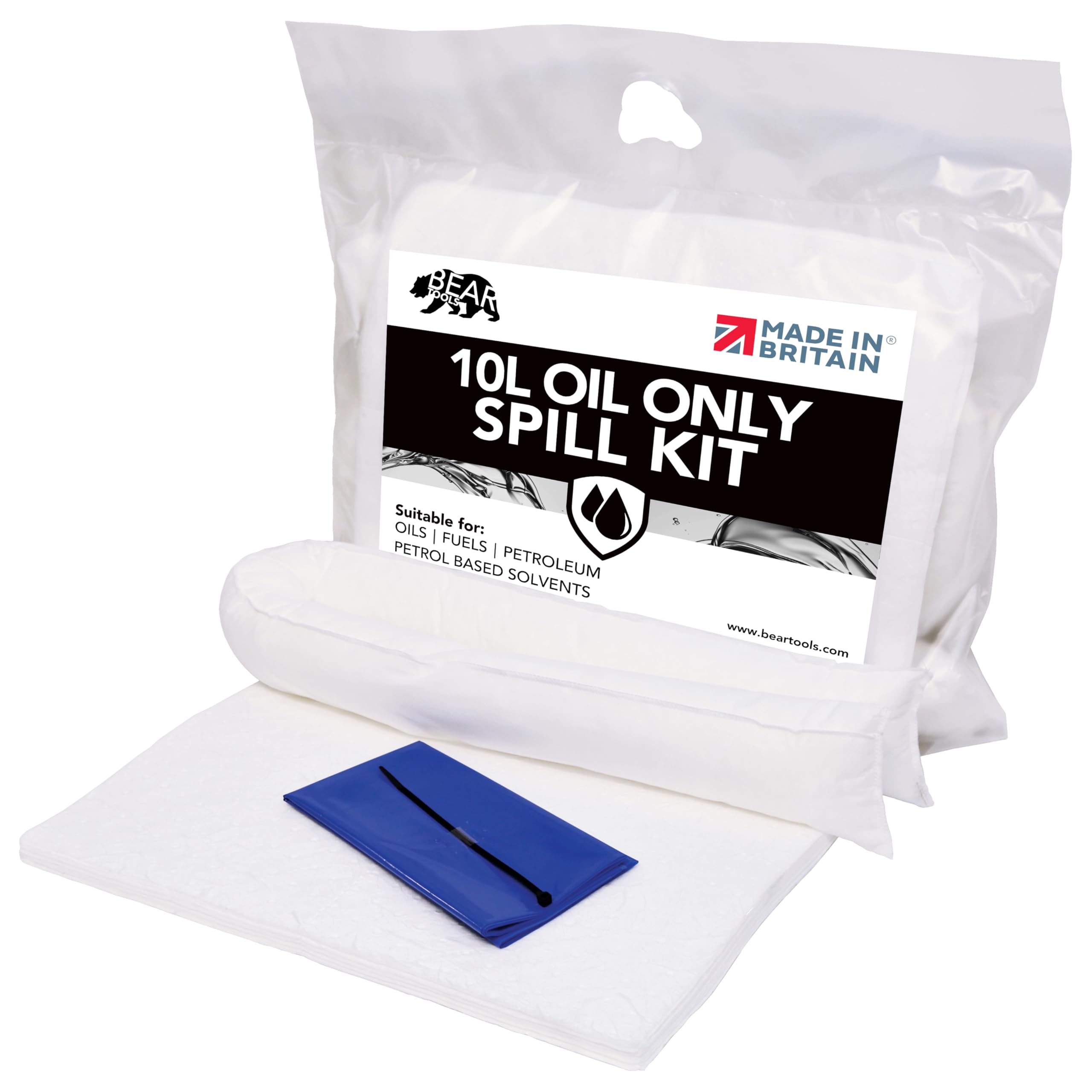 10L Oil and Fuel Spill Kits, UK Manufactured, White, Repels Water, Can be used for Oils, Oil-Based Fluids, Fuels, Lubricants, Hydrocarbon Based Fluid - For Indoor/Outdoor Use, On-the-go Bag