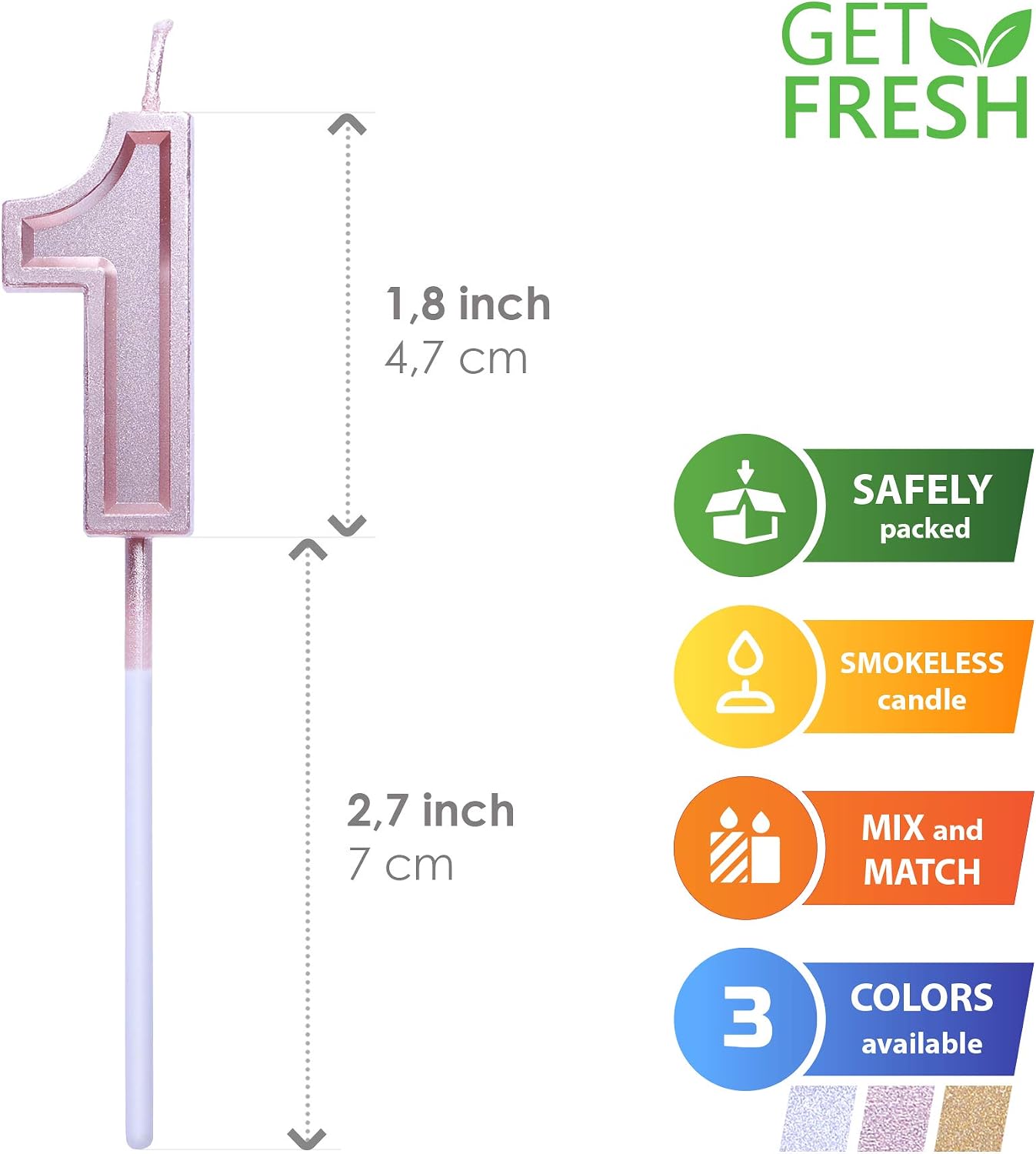 GET FRESH Number 1 Birthday Candle, Rose Gold Number One Candle on Stick - Image 3