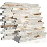 KASARO Peel and Stick Marble Tiles, Self-Adhesive Aluminum Wall Tile Stick on Bathroom, Fireplace, RV, Marble Beige with Vintage Golden Embellished Stripes, 10-Sheet