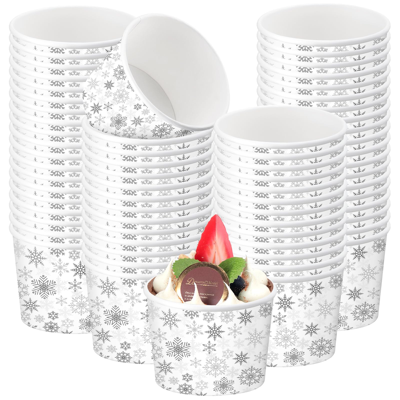 Photo 1 of ***PARTIAL SET***** Nuanchu 100 Pack 9 oz Sliver Snowflake Treat Snack Cups Christmas Disposable Paper Cups for Dessert Ice Cream Bowls for Snacks Soup Hot Cold Food Holiday Beverages Winter New Year Eve Decorations