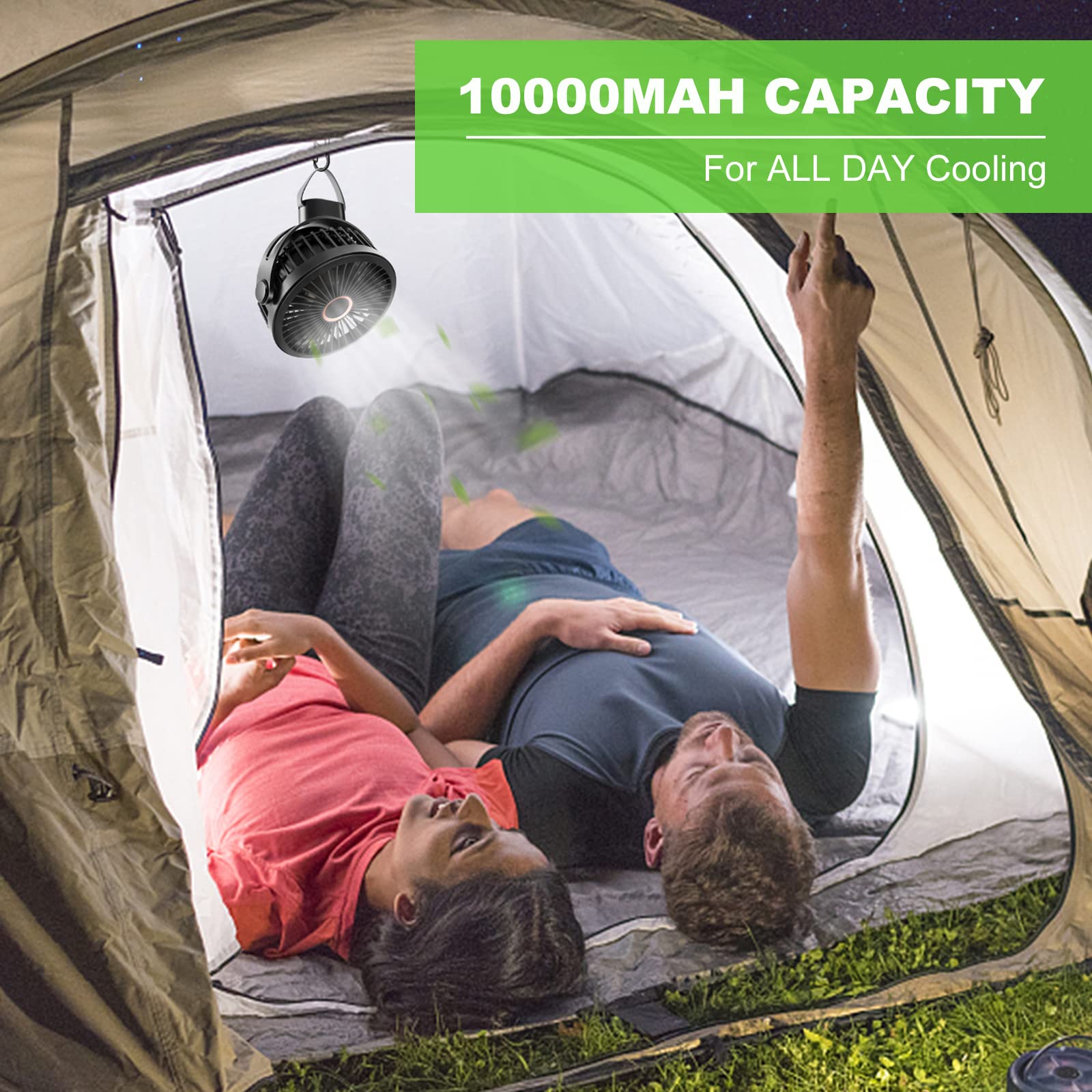 Odoland 2 Packs 10000mAh Camping Rechargeable Fan with Hanging Hook Carabiner, Portable Battery Operated Tent Fan, Quiet Strong Airflow, Outdoor USB Desk Fan for Picnic Travel Barbecue Fishing