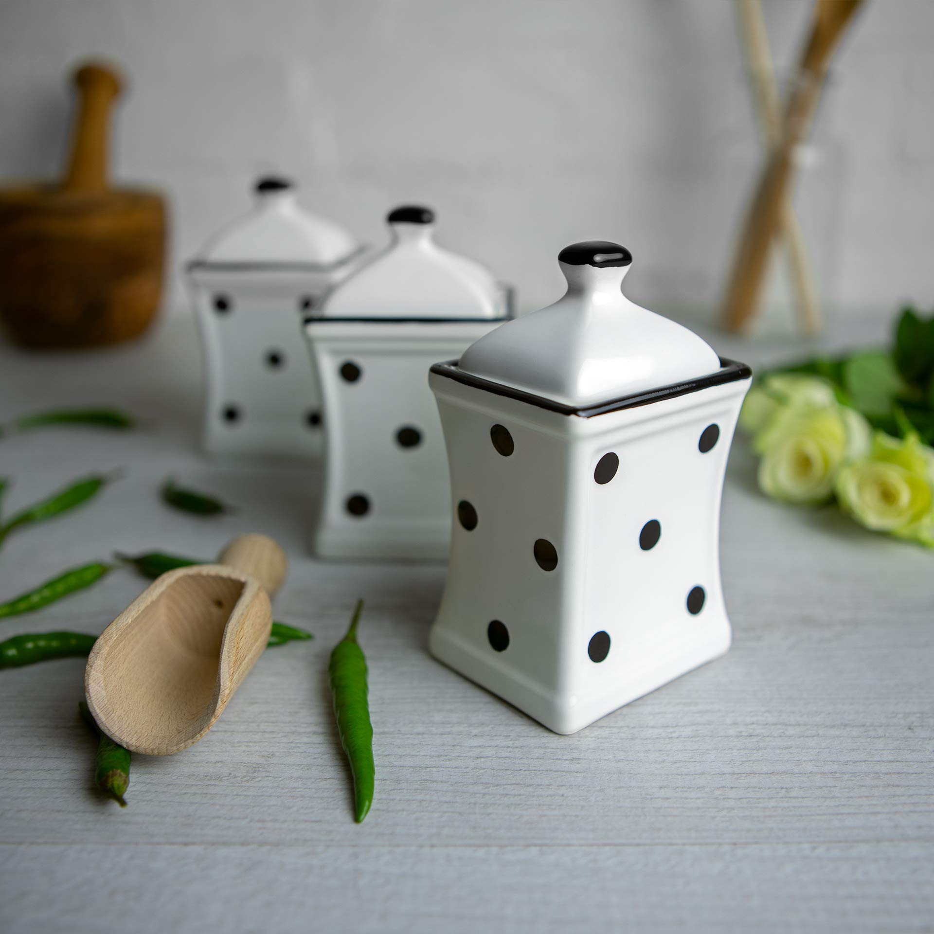 City to Cottage® White and Black| Polka Dot | Handmade | Small 5.3oz/150ml Ceramic Kitchen | Herb Spice | Storage Jar Set of 3 | Containers | Canisters
