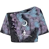 Remidoo Women's Off The Shoulder Graphic Crop Top Tee Half Sleeve Loose Fit T Shirt