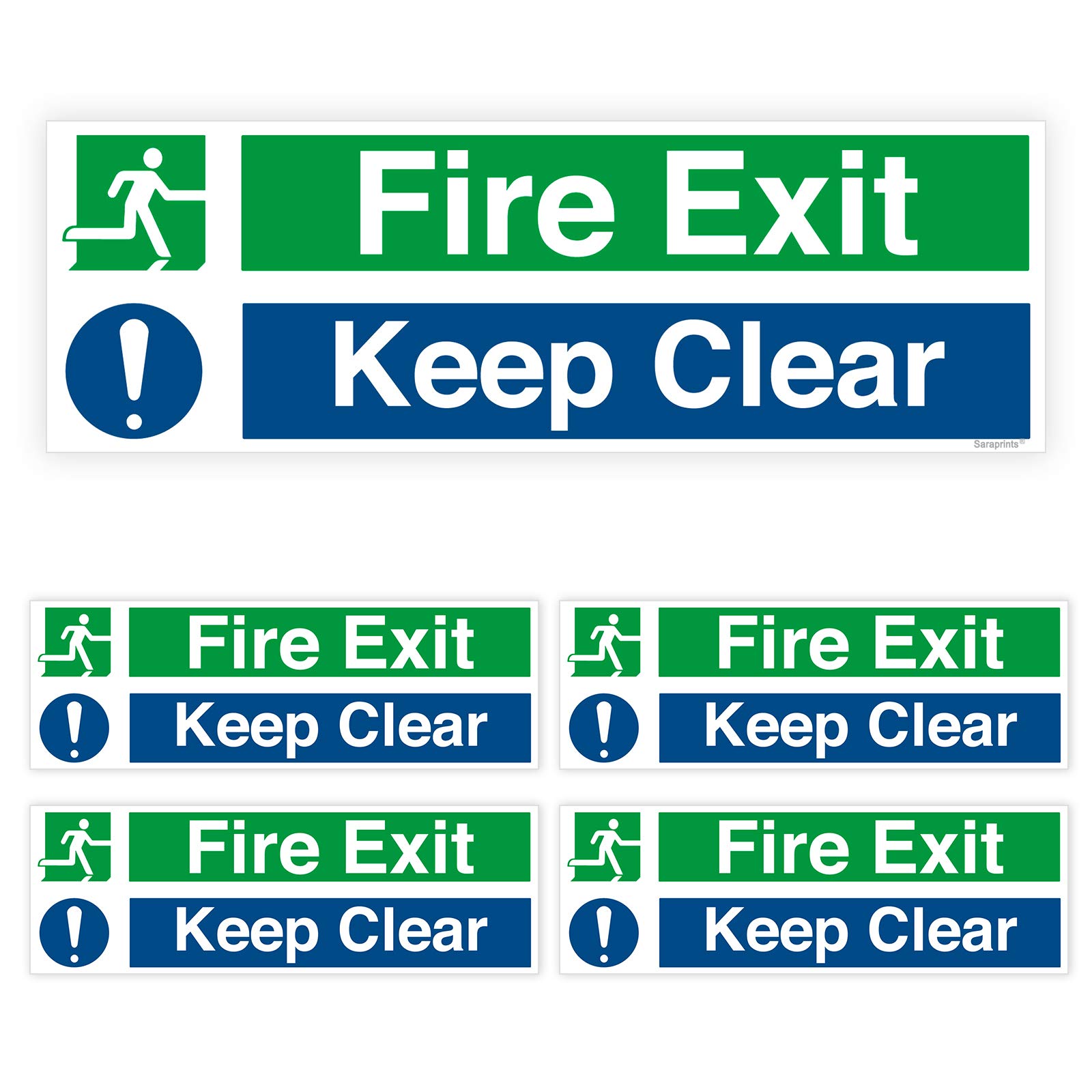 Pack of 5 Fire Signs Self Adhesive (300 x 100 mm) Waterproof Fire Exit Keep Clear Sign External Stickers Sara Prints®