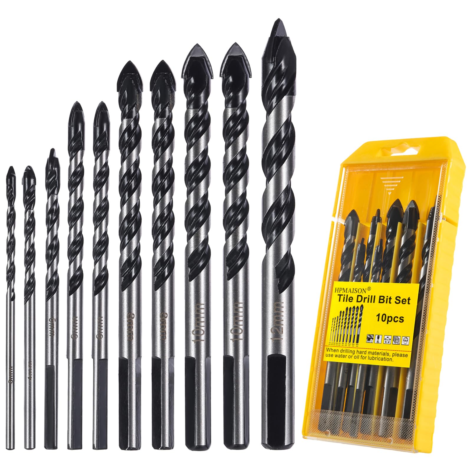 HPMAISON Tile Drill Bit, 10PCS Professional Tungsten Carbide Drill Bit for Ceramic Tile, Porcelain, Brick, Granite Marble, Glass, Cement, Plastic, Wood 3/4/5/6/6/8/8/10/10/12mm — image 1