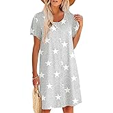 Ekouaer Womens' Cotton Nightgown Ladies Short Sleeve Sleepshirt V Neck Button Down Night Gowns Casual House Dress