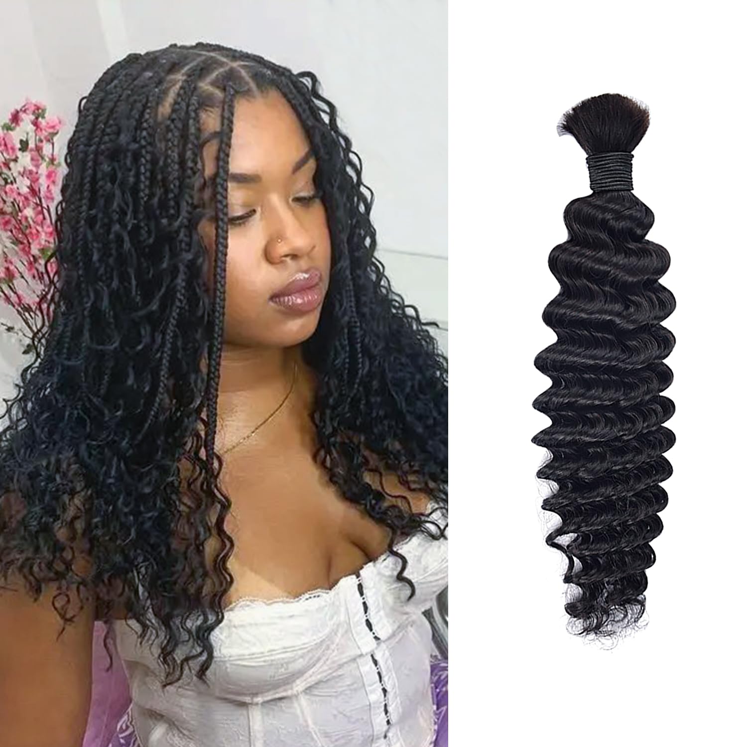 18 Inch Human Hair For Braiding Hair Bulk Braid Extensions Deep Wave Boho Human Braiding Hair No Weft Micro Braiding Human Hair 100g, Black
