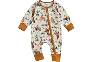 SAYOO Western Baby Cowboy Clothes Neutral Zipped Fall Romper Outfit for Boy Girl Infant Lapel Cow Print One-piece Jumpsuit