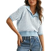 Skoinvb Womens Striped Cropped Sweater Short Puff Sleeve Fall Sweaters V Neck Tops Knit Casual Pullover Shirts Outfits