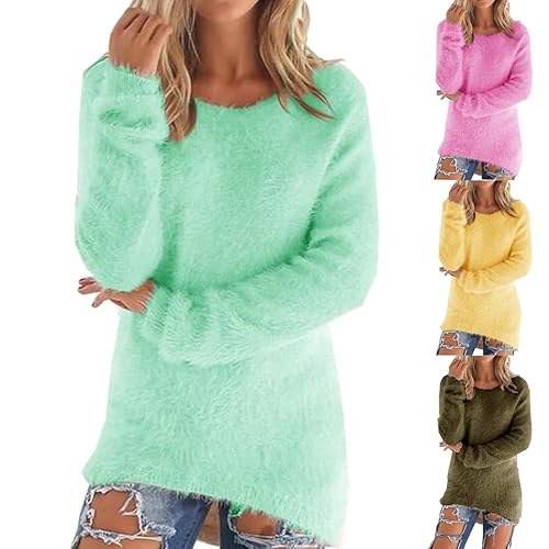UK Womens Ladies Fleece Winter Sweater - Long Sleeve Warm Solid Color Crewneck Pullover, Loose Fluffy Fuzzy Pile Sweatshirt, Casual Cozy Soft Plush Tunic Top, Plus Size Jumpers Tops Shirts Sweaters