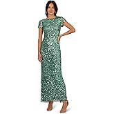 Adrianna Papell Women's Beaded Mesh Long Dress, Green Slate, 16